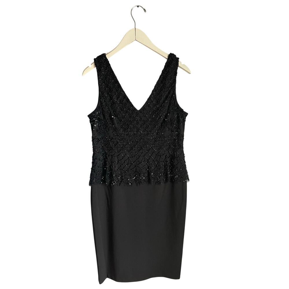 Adrianna Papell Black Beaded Cocktail Dress sz 12 MOB Mature Conservative Modest